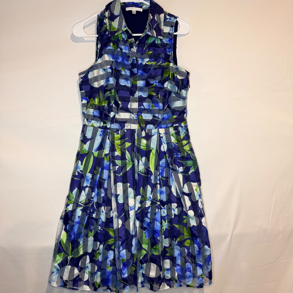 Sandra Darren Blue Floral Shadow Stripe Sleeveless Fit and Flare Dress Size 16